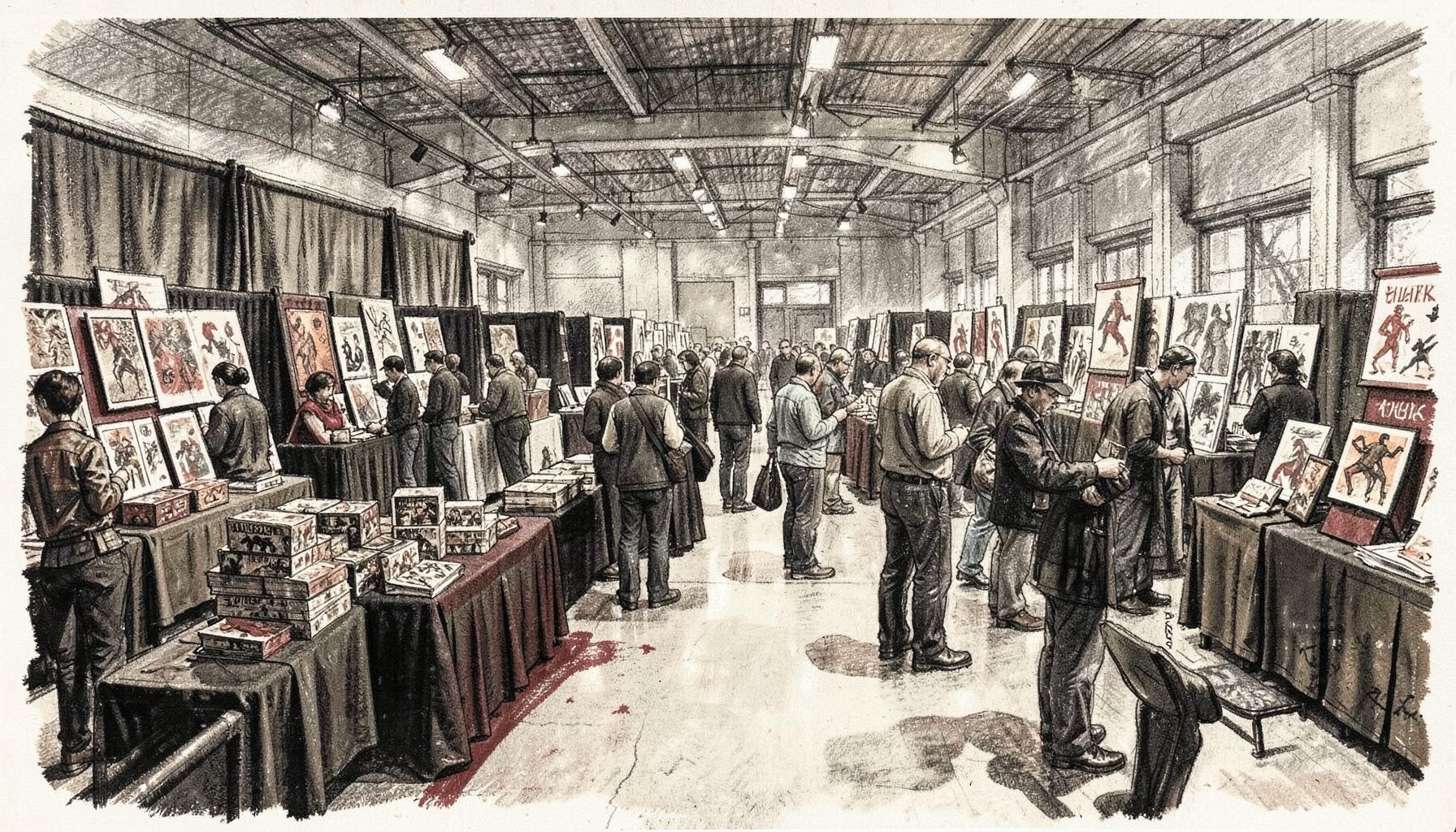Wide charcoal drawing of a bustling convention hall filled with vendor tables draped in dark cloth, stacks of game boxes, art prints on display boards, and clusters of attendees browsing, rendered in deep grays and warm sepia tones.