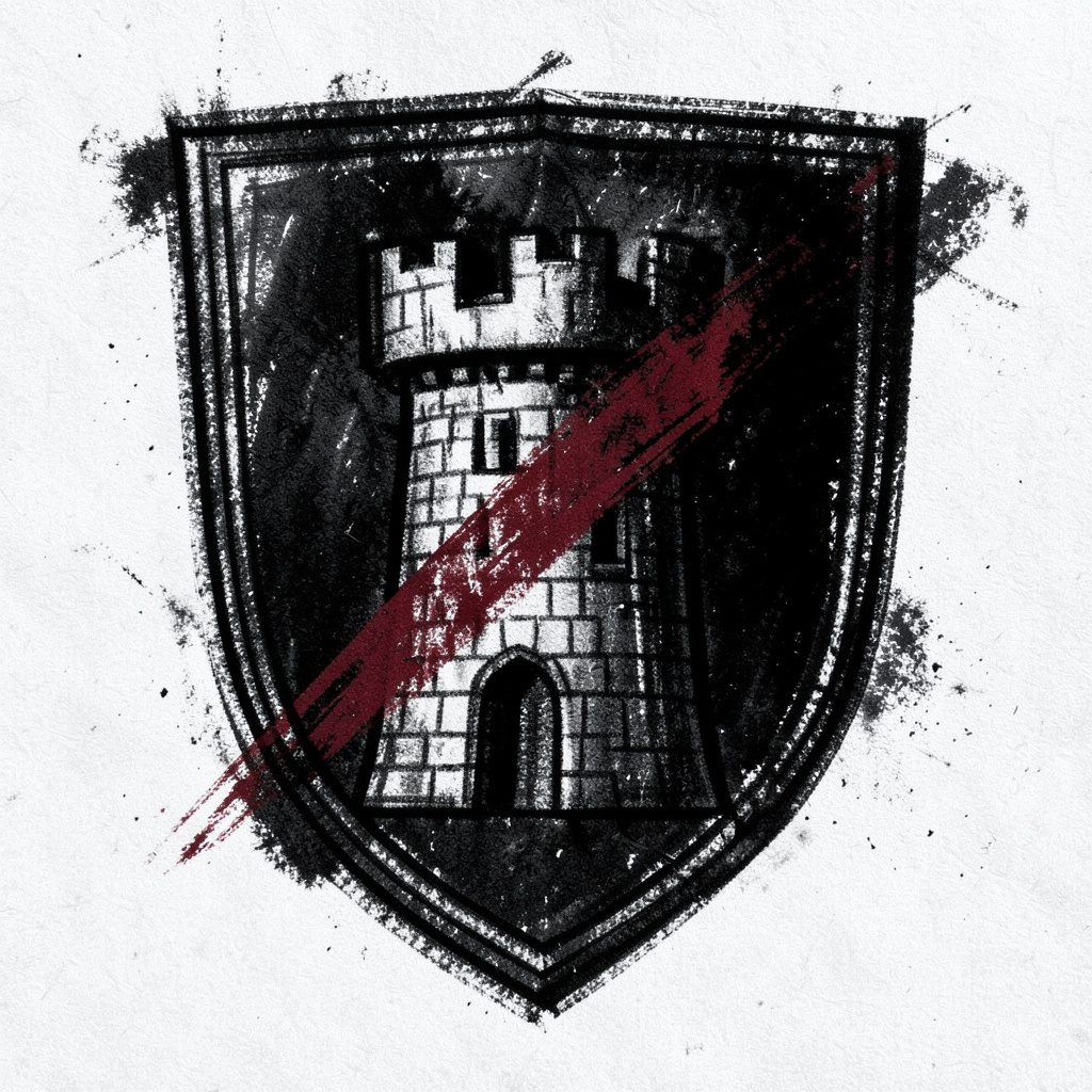 A bold charcoal drawing of a medieval tower shield emblem, heavy shading and crosshatching, dramatic contrast