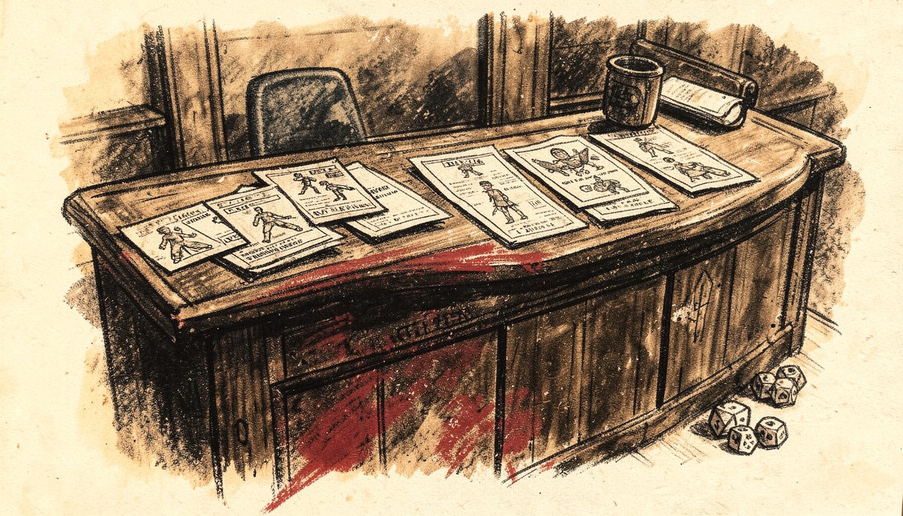 A bold charcoal drawing of a convention registration desk with scattered character sheets and dice, warm sepia undertones, lively and welcoming