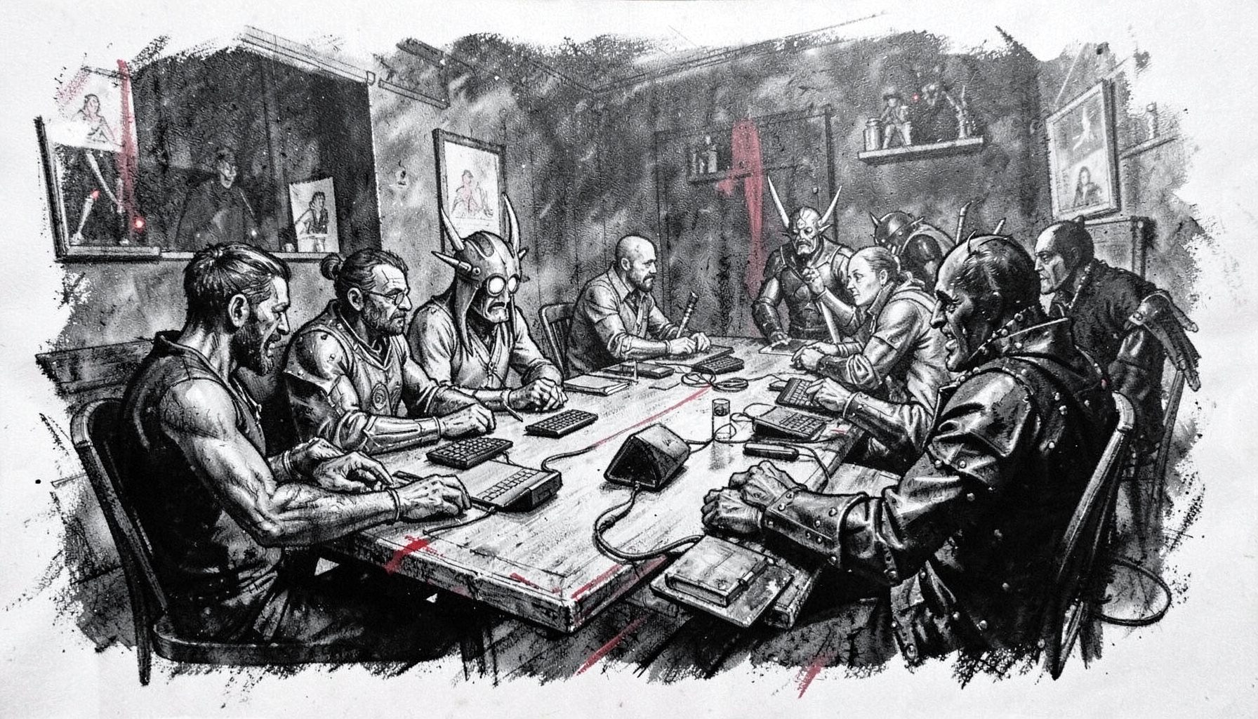 A wide horizontal charcoal sketch of tabletop gamers and costumed live-action role players gathered around a table, dramatic black and grey shading with a moody, energetic atmosphere