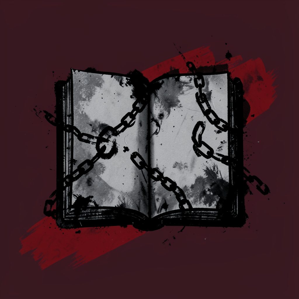 A bold charcoal emblem of an open spellbook with chains snapping apart, set against a dark burgundy background